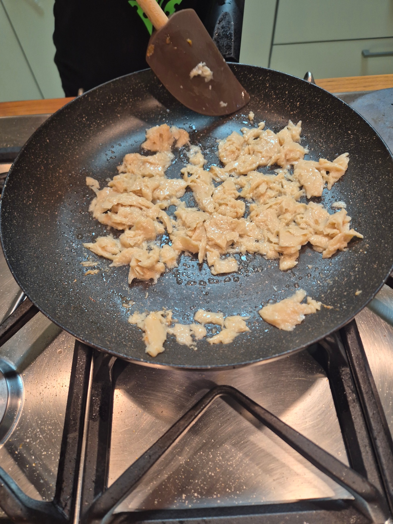 Unmarinated Provero chunks rehydrating in pan