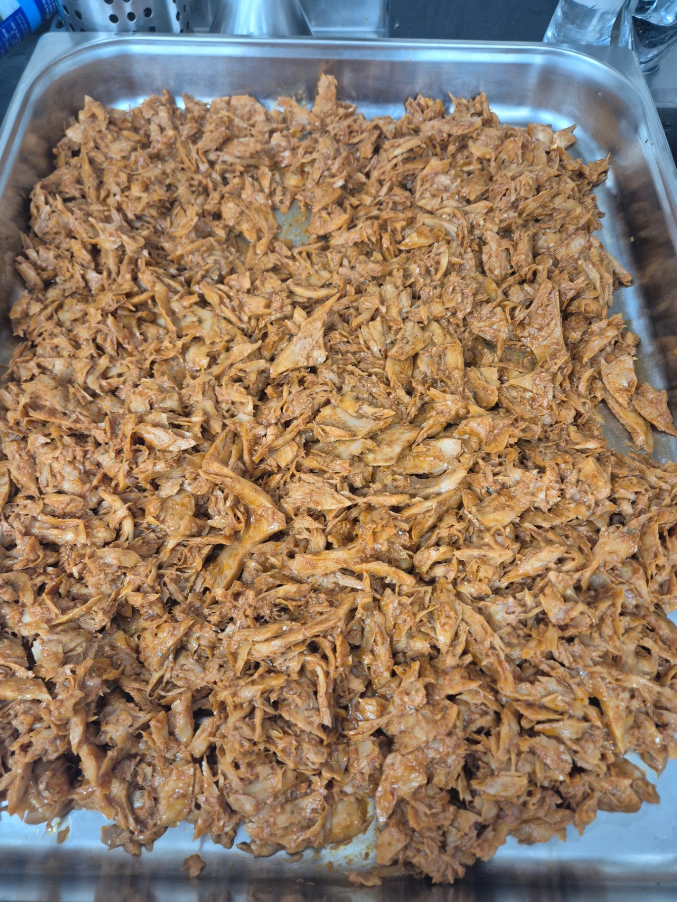 Marinated Provero shawarma chunks in production tray