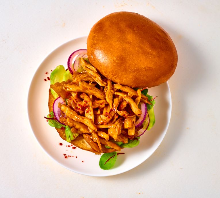 Pulled plant protein burger with Provero